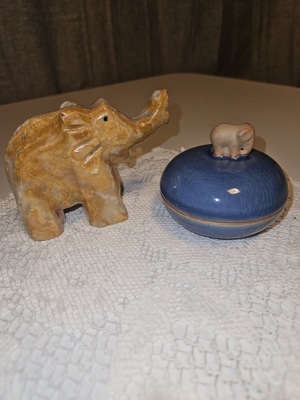 Blue Ceramic Trinket Box with Elephant- Wood Ash Glaze/ Soapstone Elephant